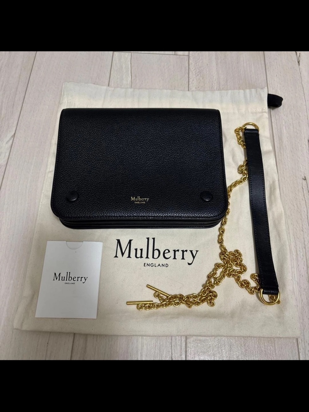 Mulberry Black Pebbled Leather Shoulder Wallet with Gold Chain Strap